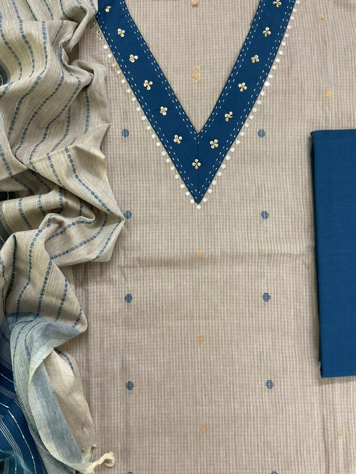 Pure Handloom Cotton Self Weaved Embroidered Suit - Beige