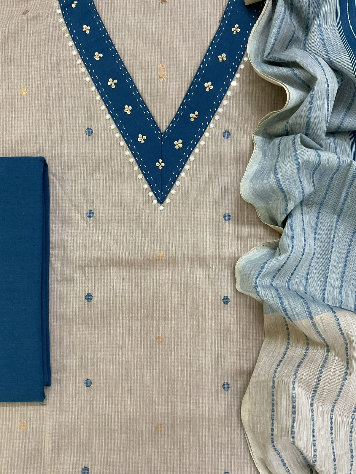 Pure Handloom Cotton Self Weaved Embroidered Suit - Beige