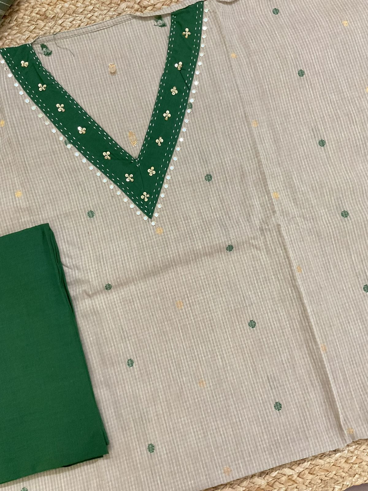 Pure Handloom Cotton Self Weaved Embroidered Suit - Beige