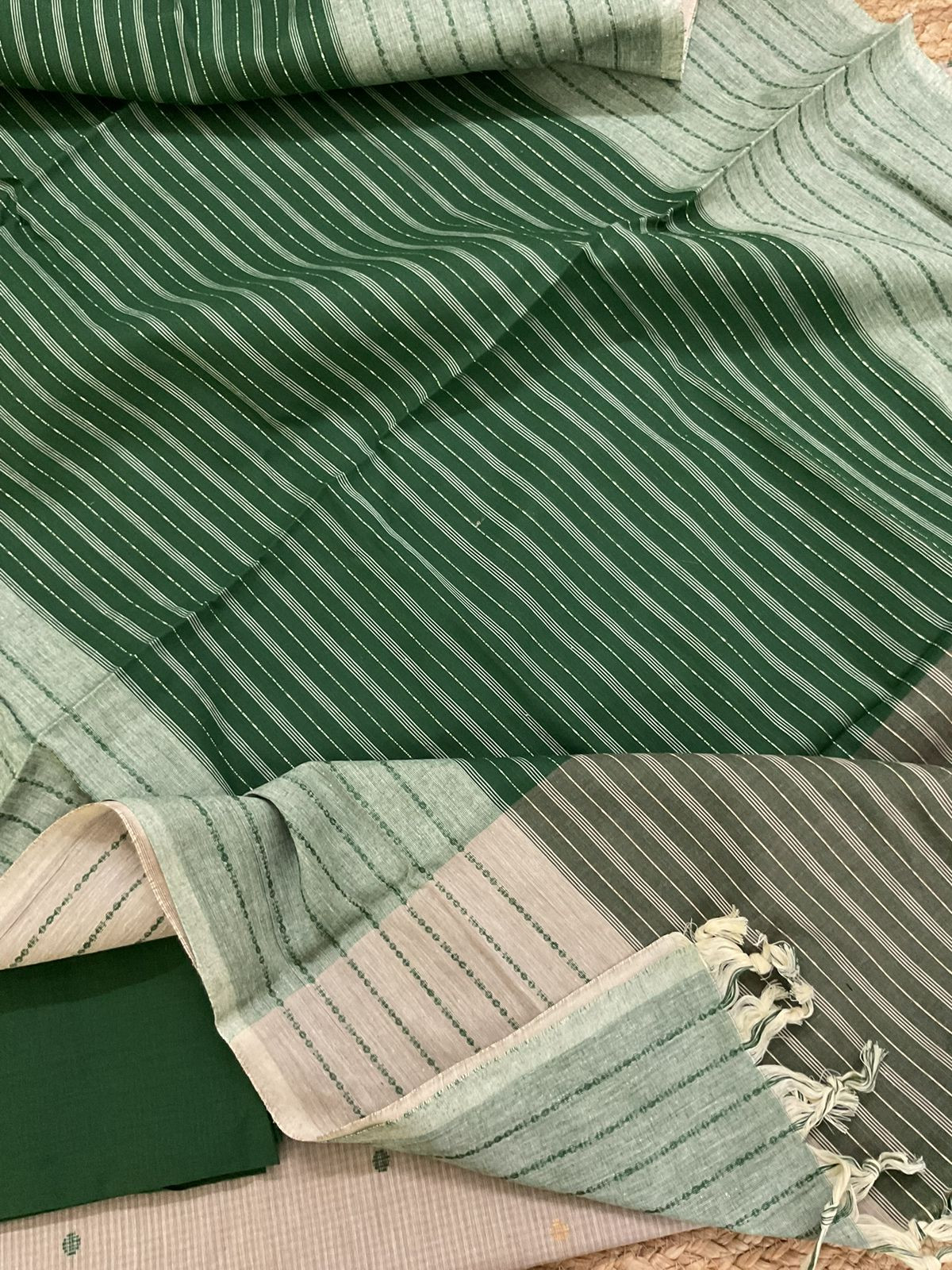 Pure Handloom Cotton Self Weaved Embroidered Suit - Beige