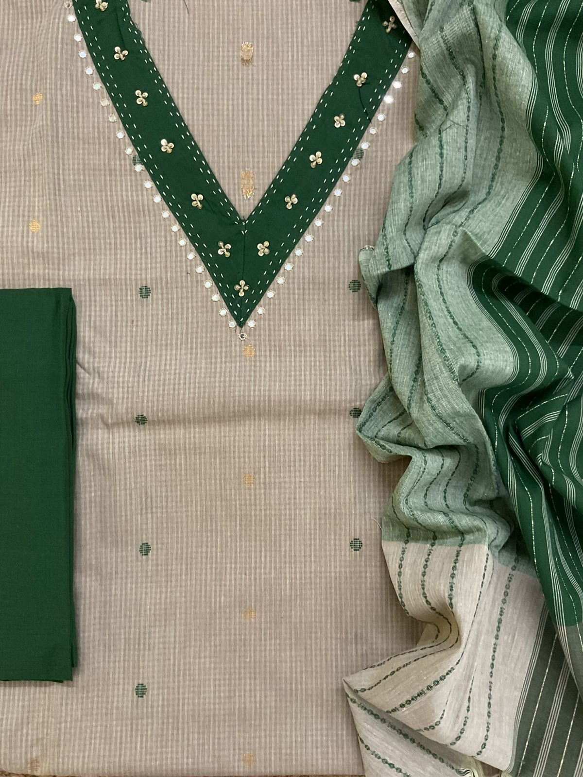 Pure Handloom Cotton Self Weaved Embroidered Suit - Beige