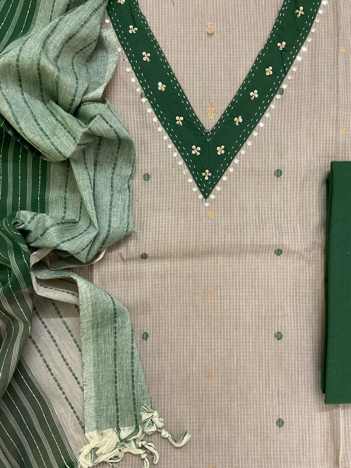 Pure Handloom Cotton Self Weaved Embroidered Suit - Beige