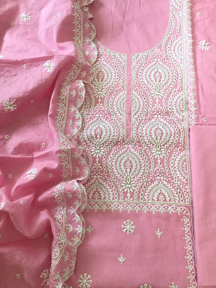 Image of Pure Mul Cotton Embroidered Suit - Pink