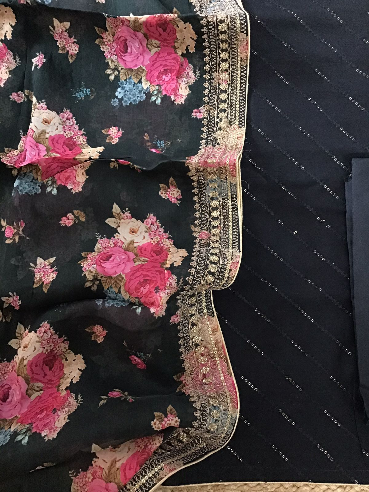 Pure Muslin Silk Printed Embroidered Suit - Black