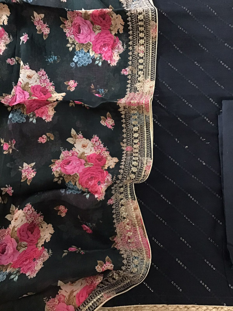 Image of Pure Muslin Silk Printed Embroidered Suit - Black