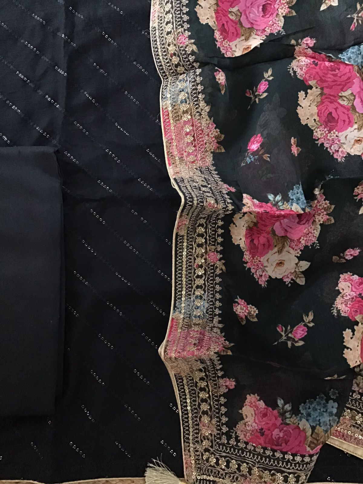 Pure Muslin Silk Printed Embroidered Suit - Black