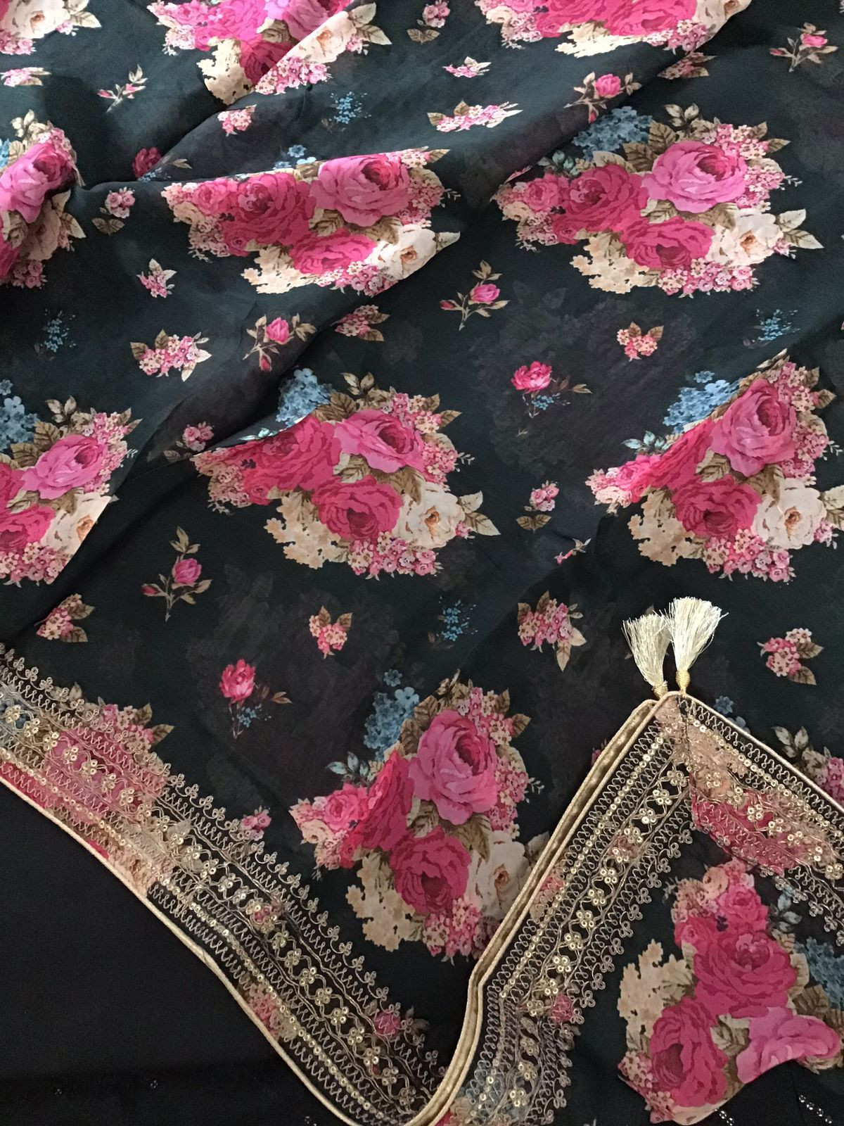 Pure Muslin Silk Printed Embroidered Suit - Black