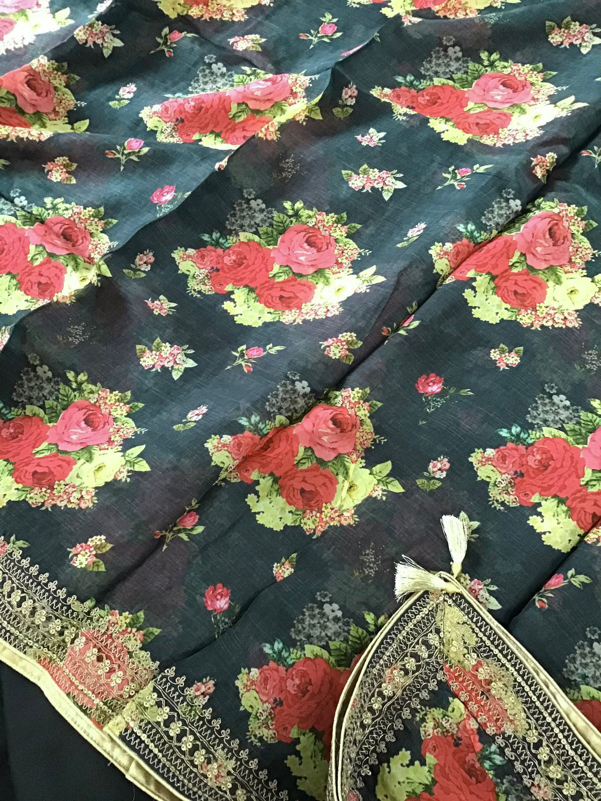 Pure Muslin Silk Printed Embroidered Suit - Dark Green