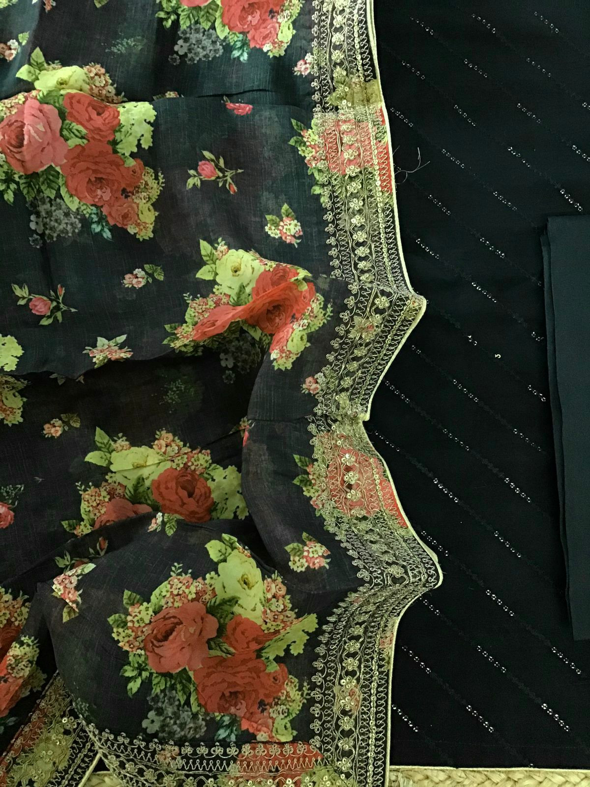 Pure Muslin Silk Printed Embroidered Suit - Dark Green