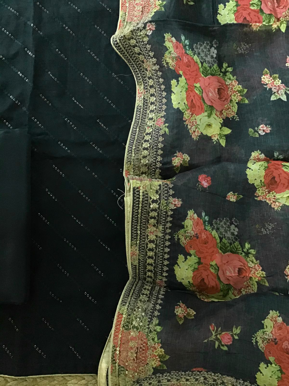 Pure Muslin Silk Printed Embroidered Suit - Dark Green