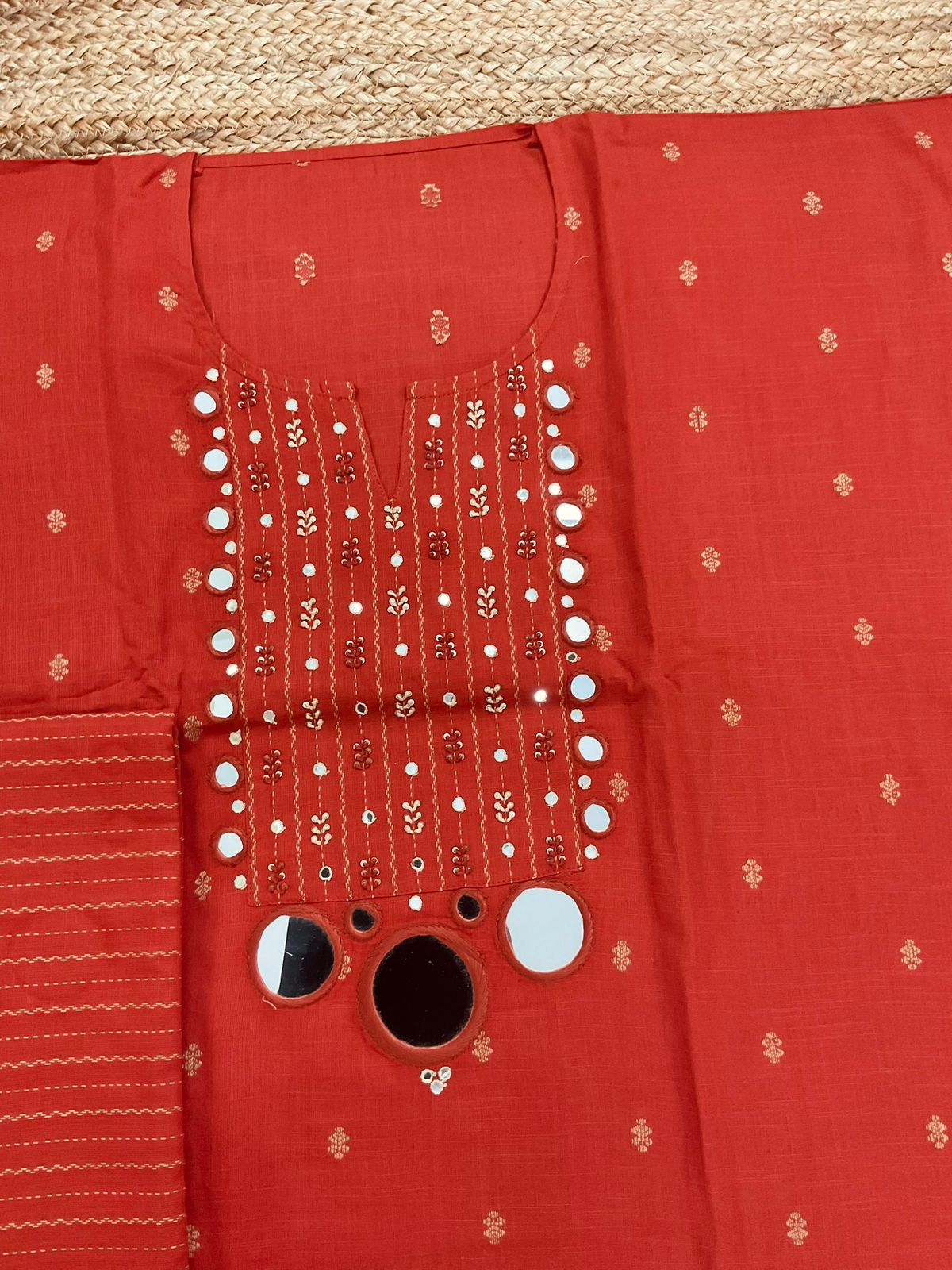 Pure Handloom Cotton Self Weaved Embroidered Suit - Orange