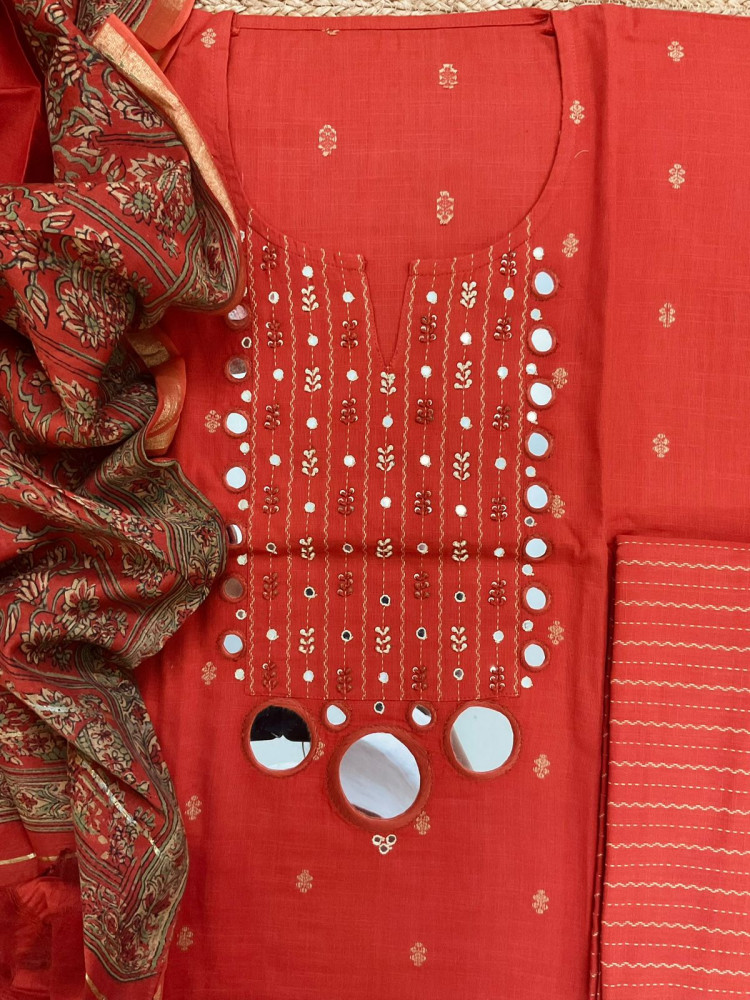 Image of Pure Handloom Cotton Self Weaved Embroidered Suit - Orange