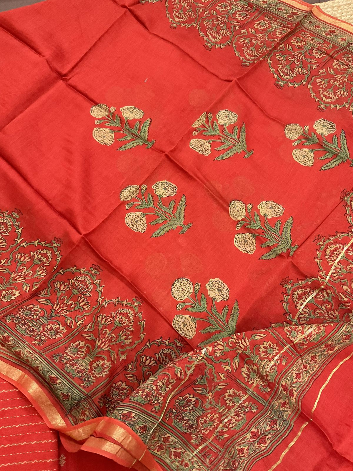 Pure Handloom Cotton Self Weaved Embroidered Suit - Orange