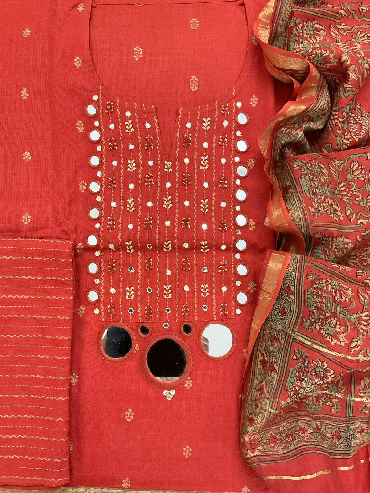 Pure Handloom Cotton Self Weaved Embroidered Suit - Orange