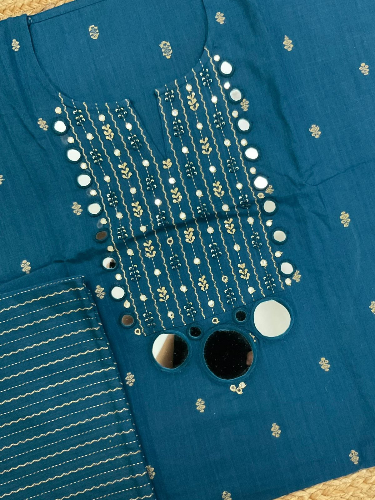 Pure Handloom Cotton Self Weaved Embroidered Suit - Blue