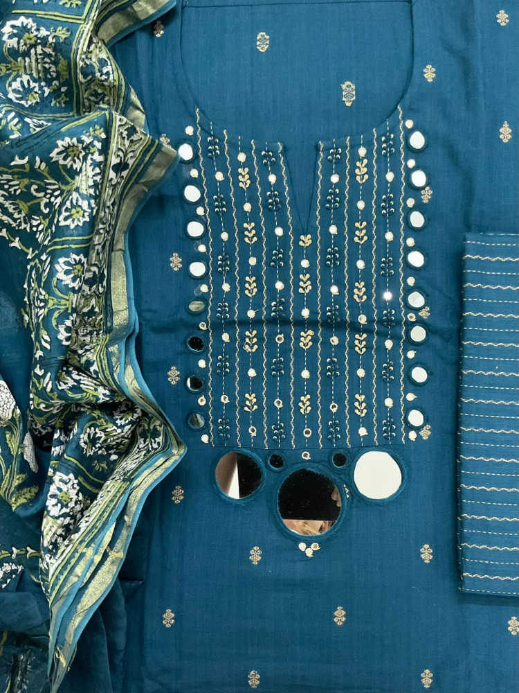 Image of Pure Handloom Cotton Self Weaved Embroidered Suit - Blue