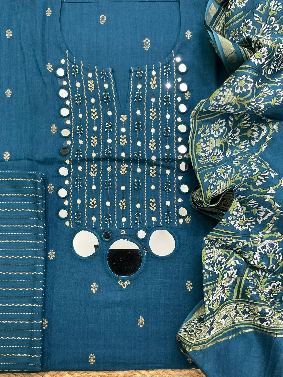 Pure Handloom Cotton Self Weaved Embroidered Suit - Blue