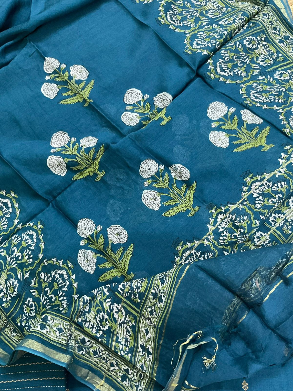 Pure Handloom Cotton Self Weaved Embroidered Suit - Blue