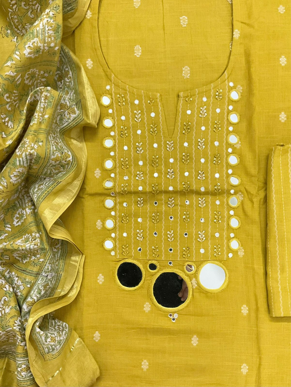 Pure Handloom Cotton Self Weaved Embroidered Suit - Yellow