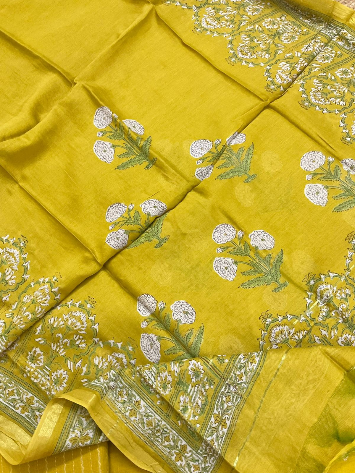 Pure Handloom Cotton Self Weaved Embroidered Suit - Yellow
