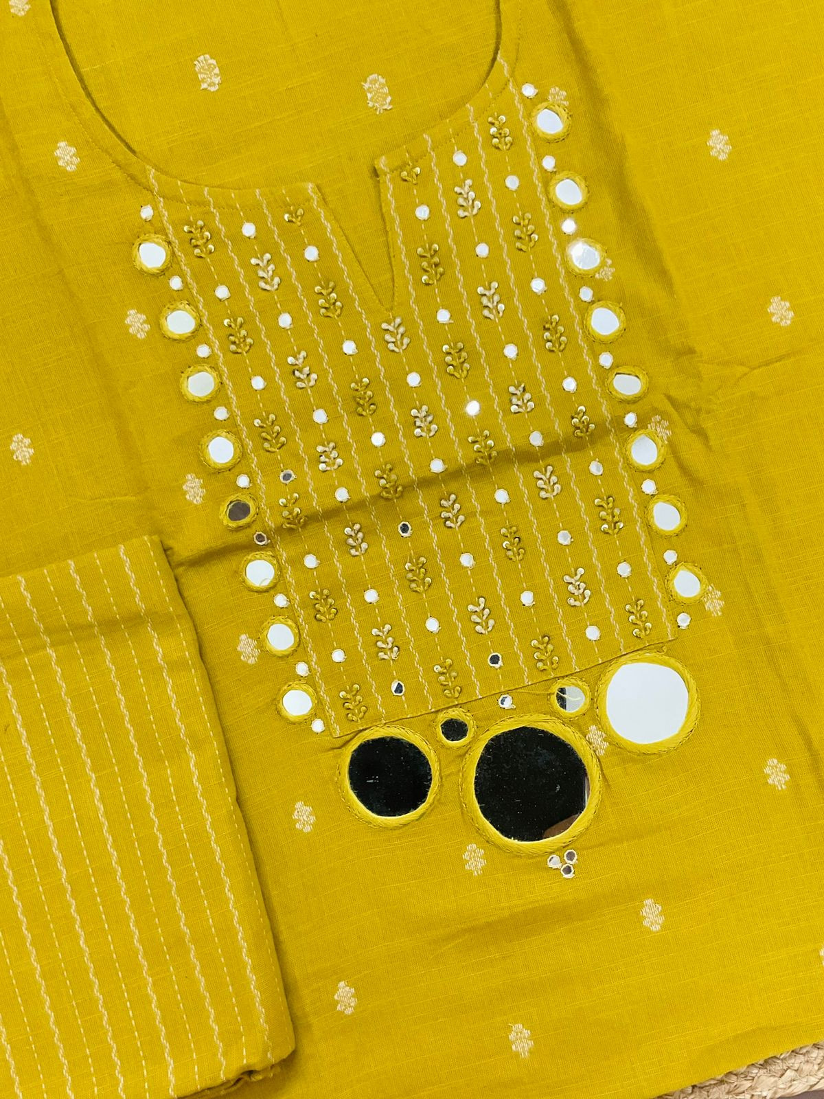 Pure Handloom Cotton Self Weaved Embroidered Suit - Yellow