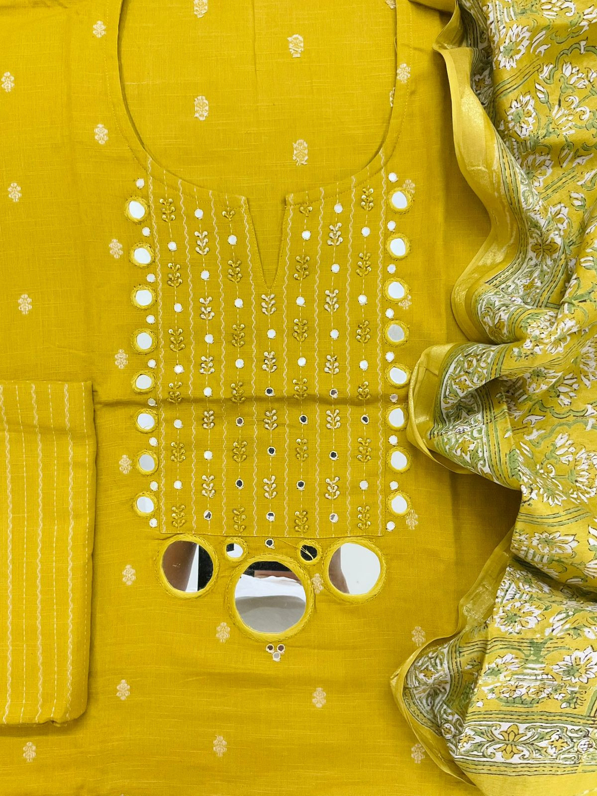 Pure Handloom Cotton Self Weaved Embroidered Suit - Yellow