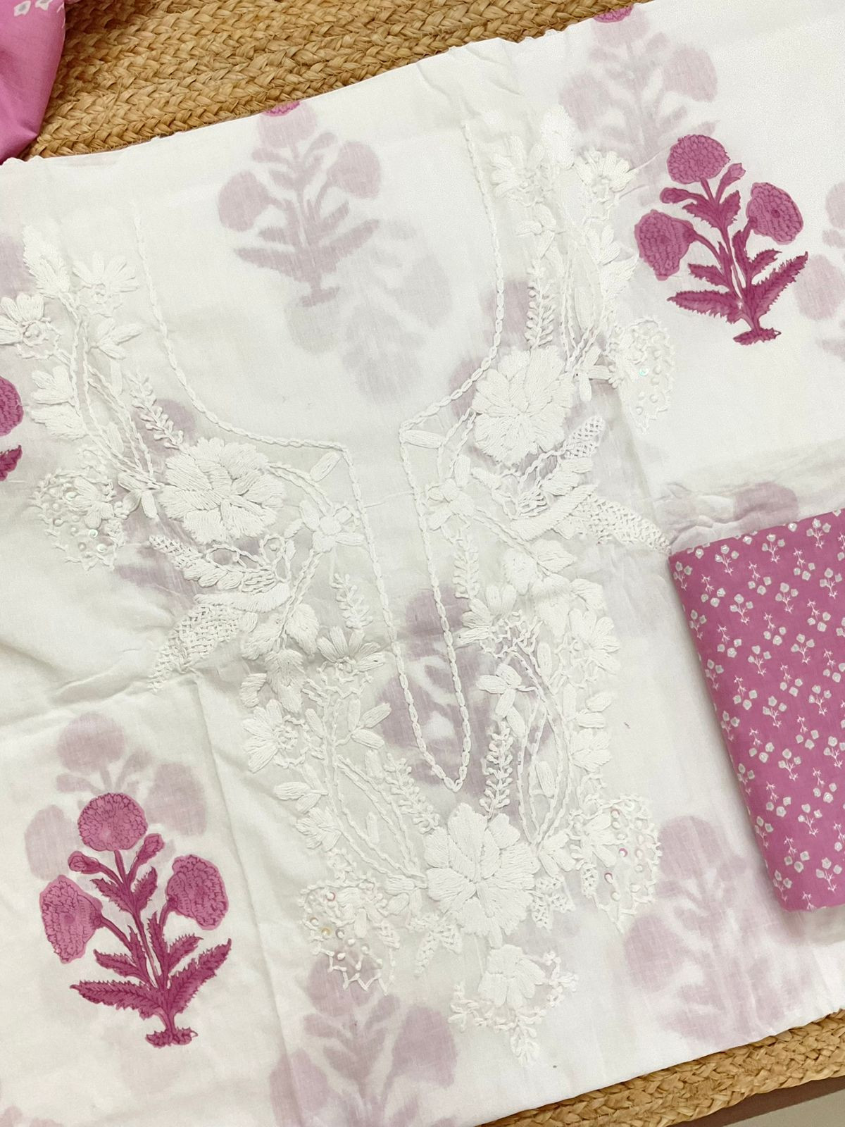Pure Cotton Printed Embroidered Suit - Off White