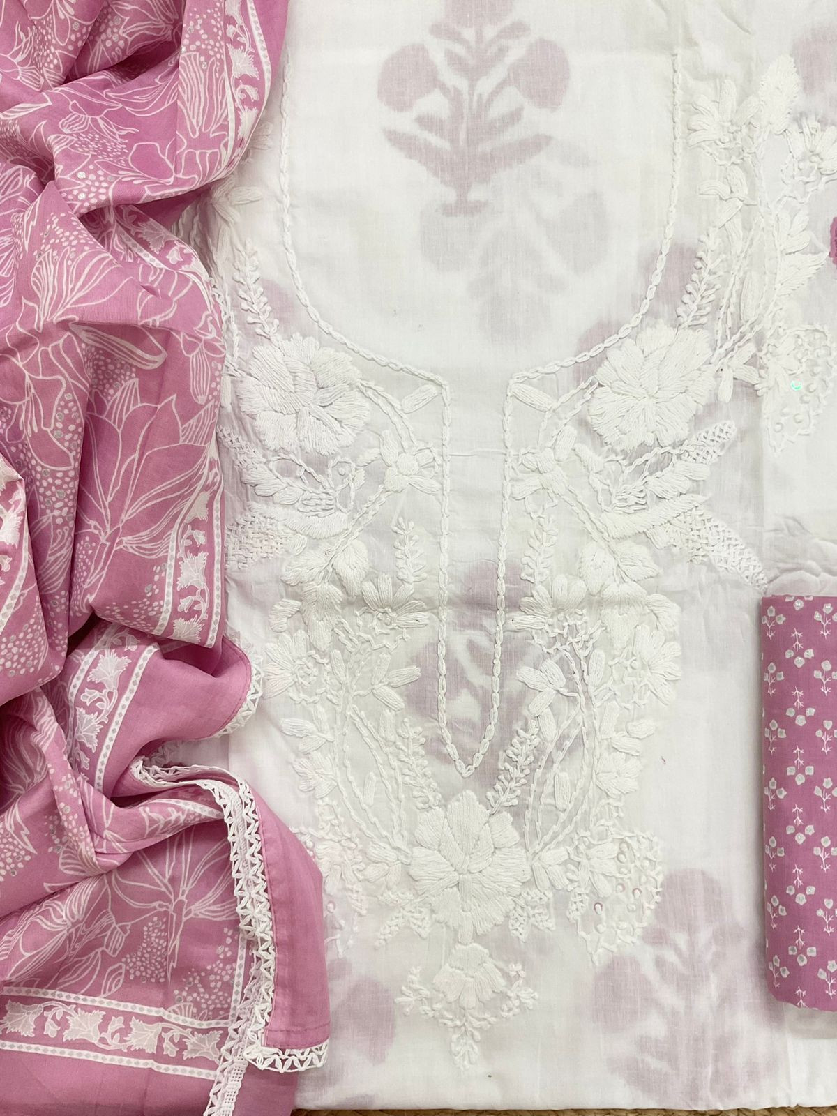 Pure Cotton Printed Embroidered Suit - Off White