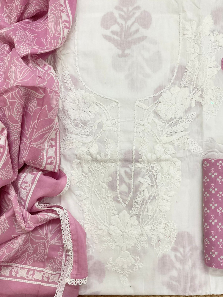 Image of Pure Cotton Printed Embroidered Suit - Off White