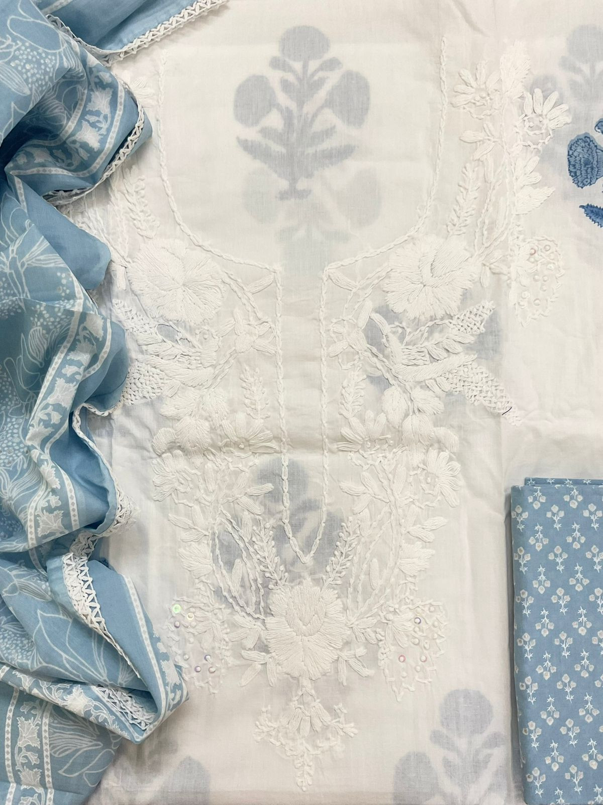 Pure Cotton Printed Embroidered Suit - Off White