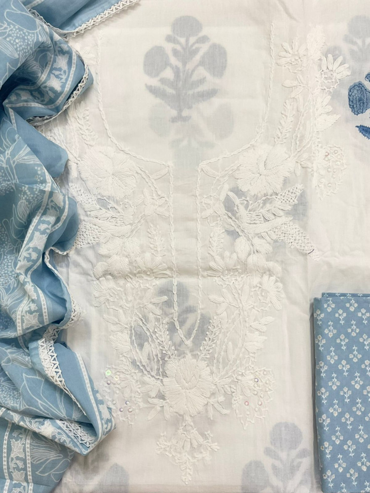 Image of Pure Cotton Printed Embroidered Suit - Off White