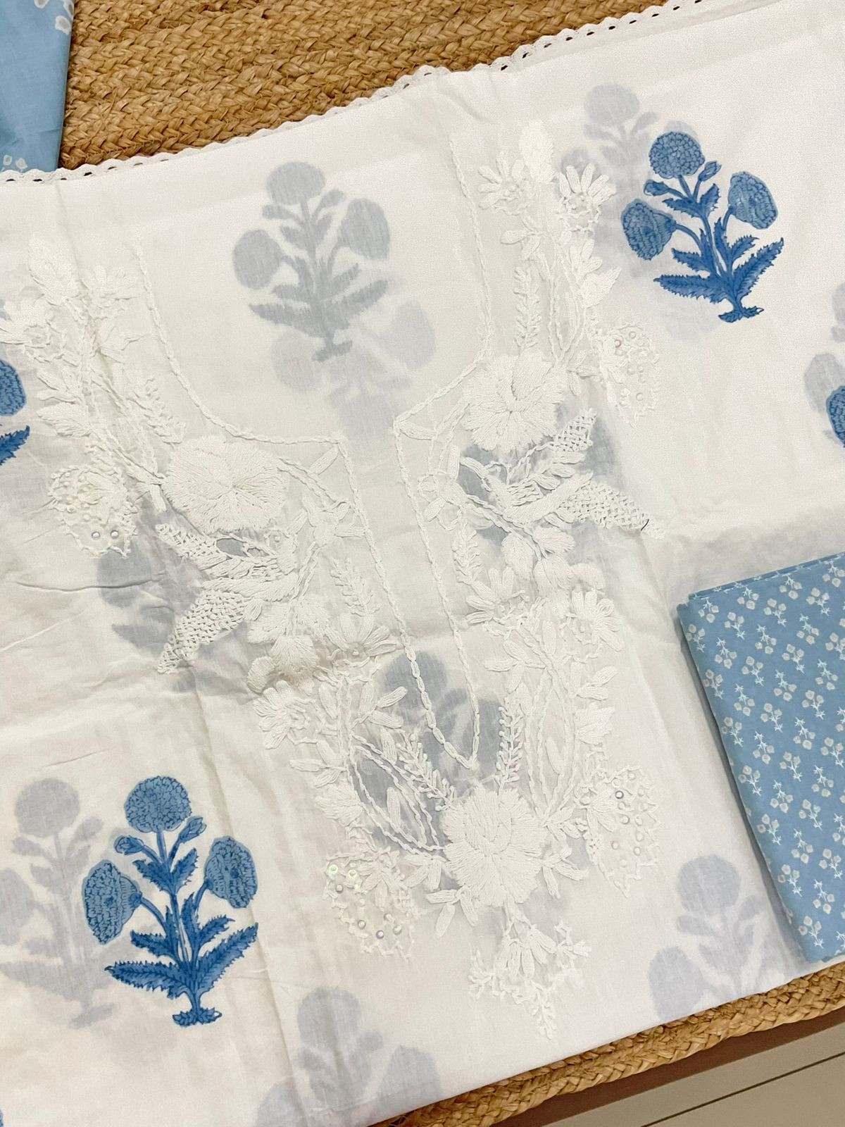 Pure Cotton Printed Embroidered Suit - Off White