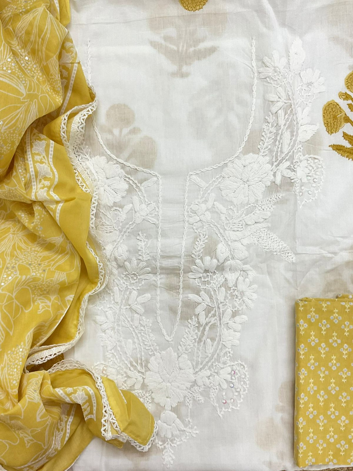 Pure Cotton Printed Embroidered Suit - Off White