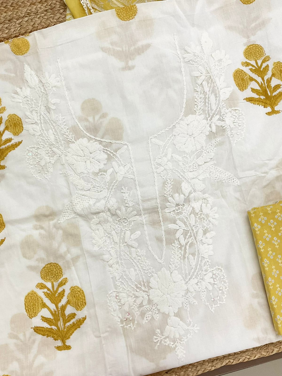 Pure Cotton Printed Embroidered Suit - Off White