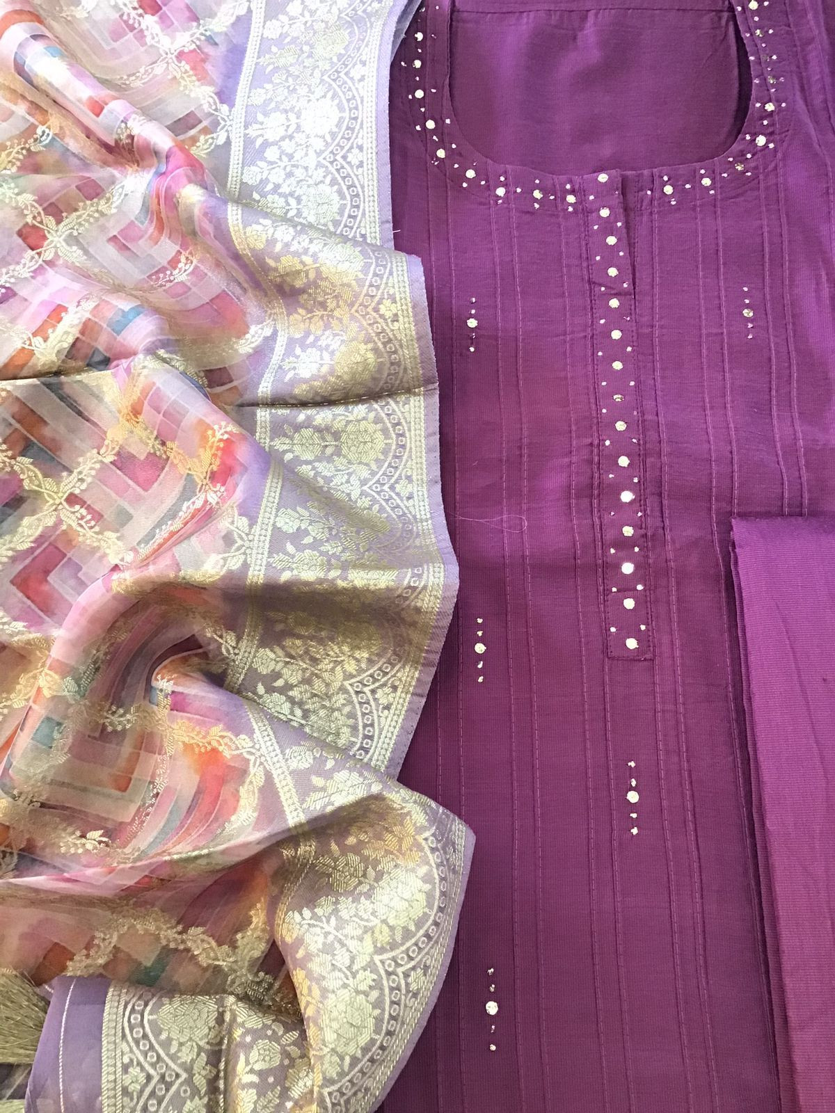 Pure Cotton Silk Printed Embroidered Suit - Wine