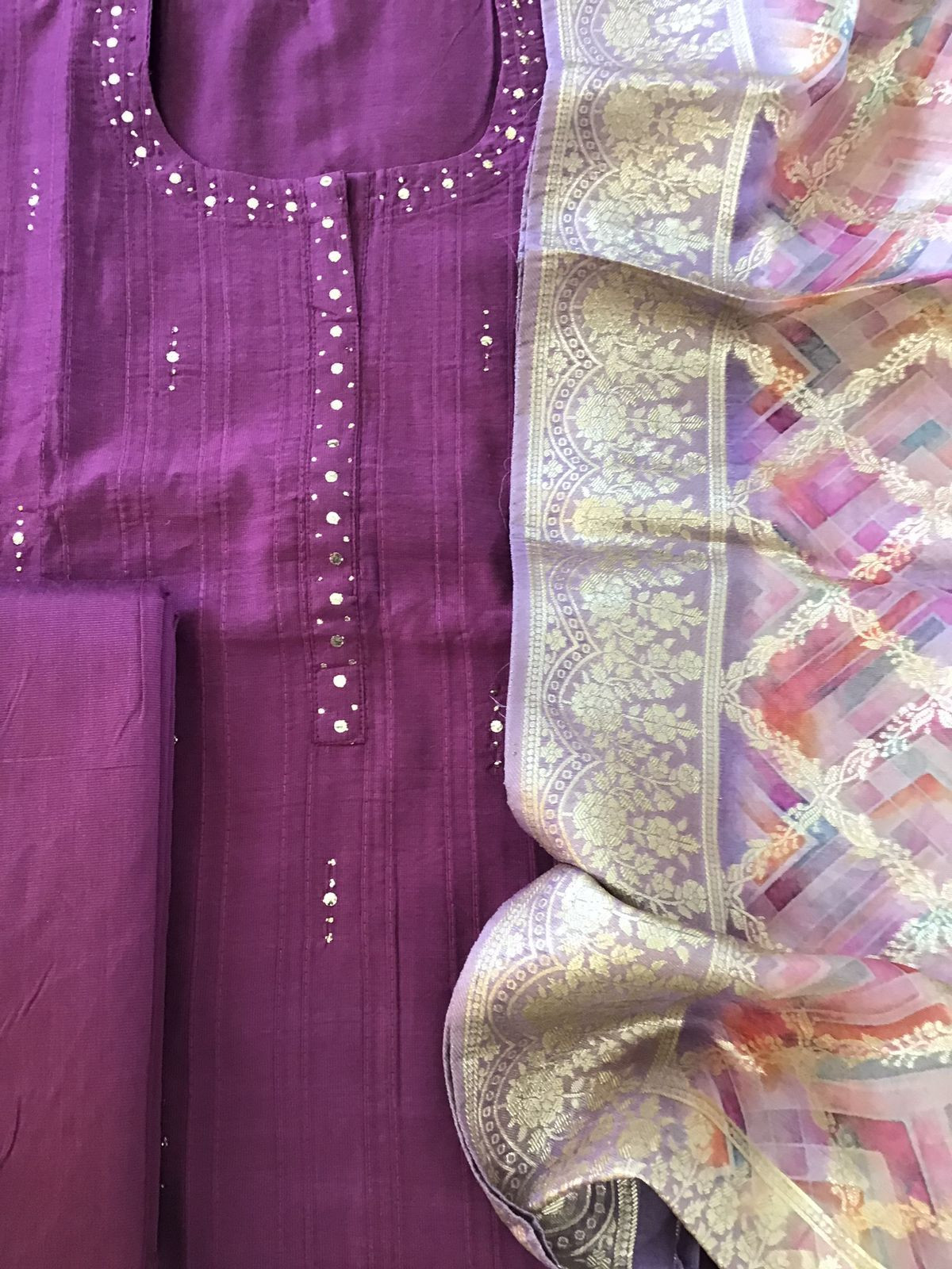 Pure Cotton Silk Printed Embroidered Suit - Wine
