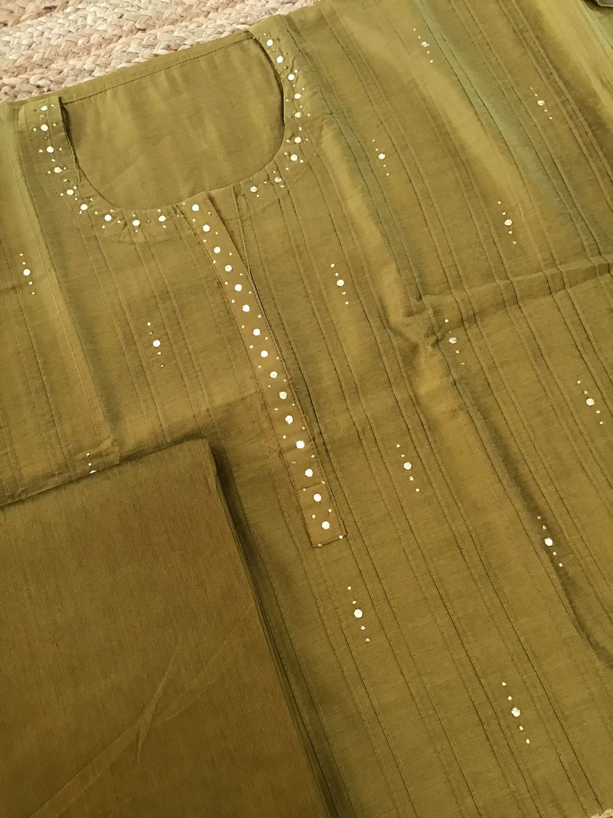 Pure Cotton Silk Printed Embroidered Suit - Dark Mustard