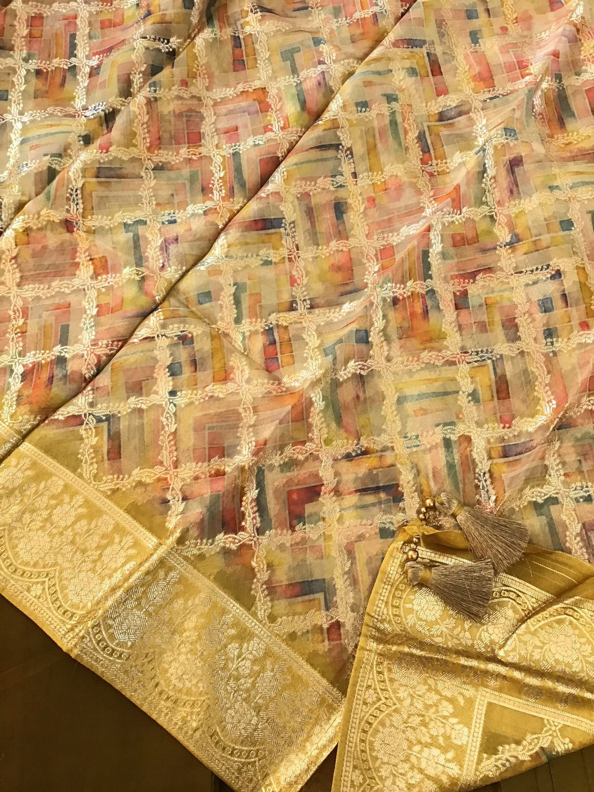 Pure Cotton Silk Printed Embroidered Suit - Dark Mustard