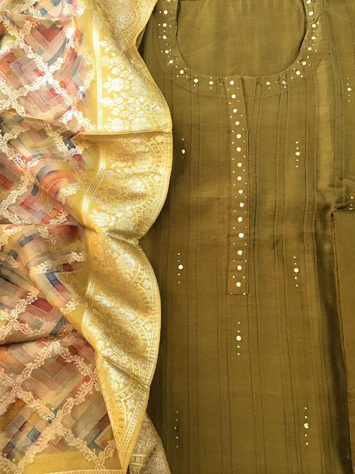 Pure Cotton Silk Printed Embroidered Suit - Dark Mustard