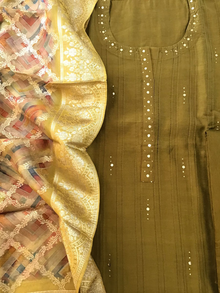 Image of Pure Cotton Silk Printed Embroidered Suit - Dark Mustard