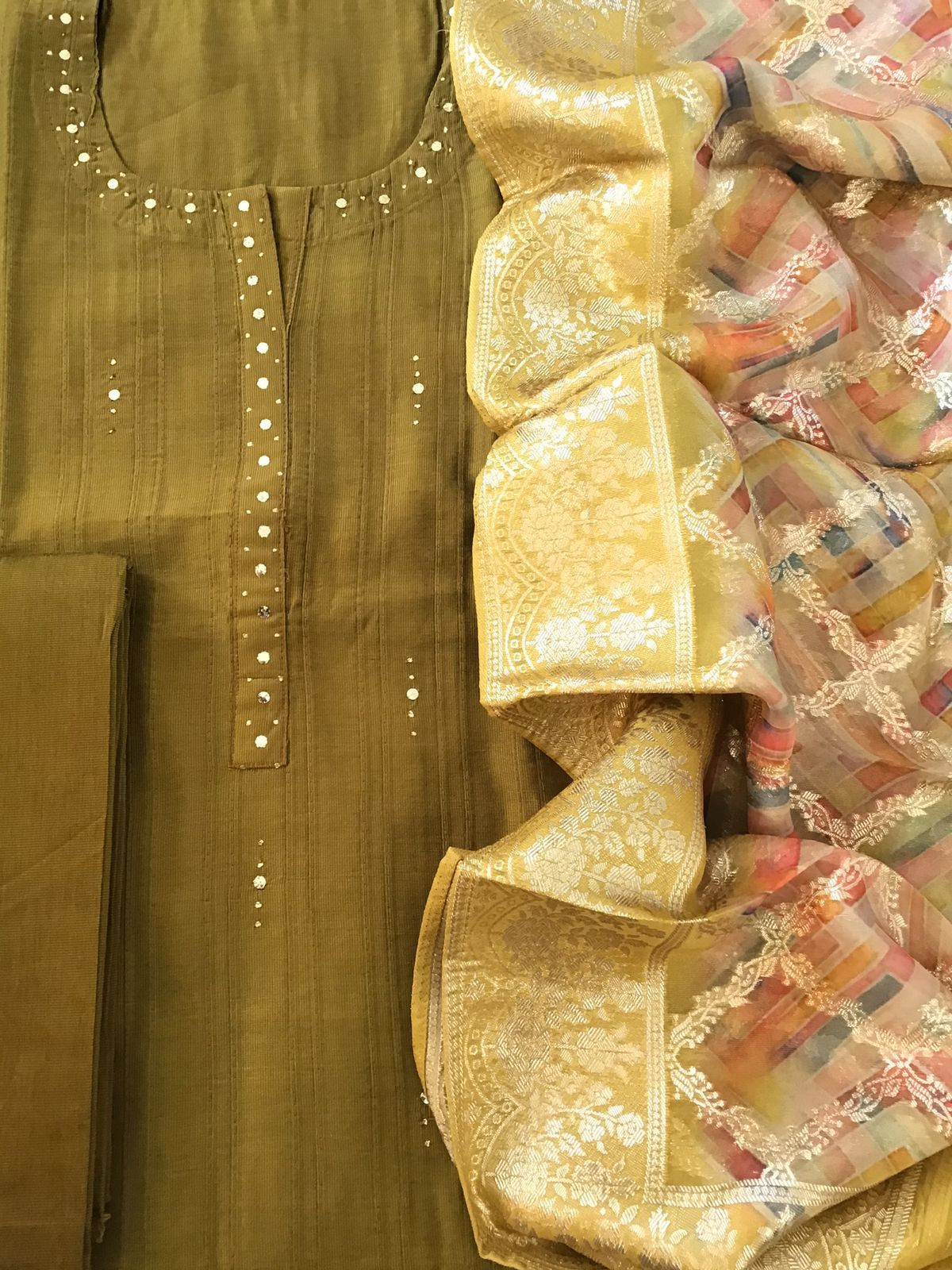 Pure Cotton Silk Printed Embroidered Suit - Dark Mustard