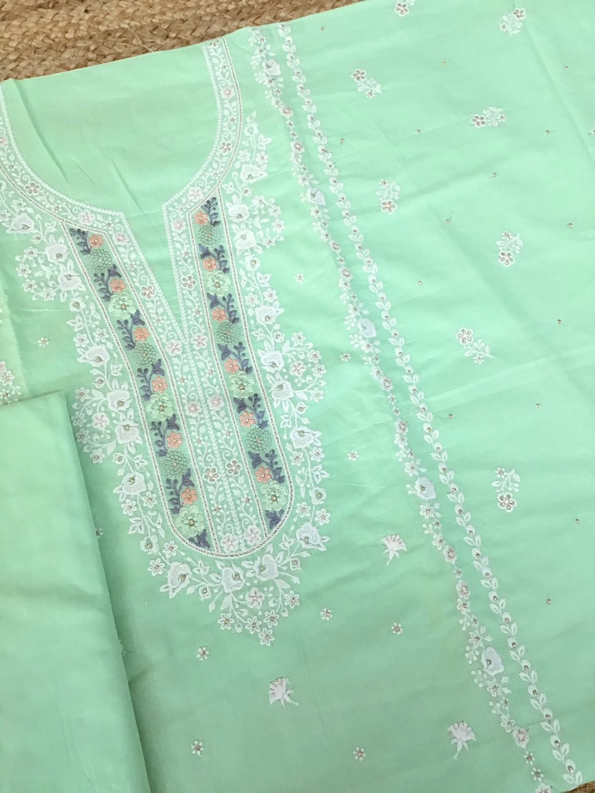 Pure Mul Cotton Embroidered Suit - Green