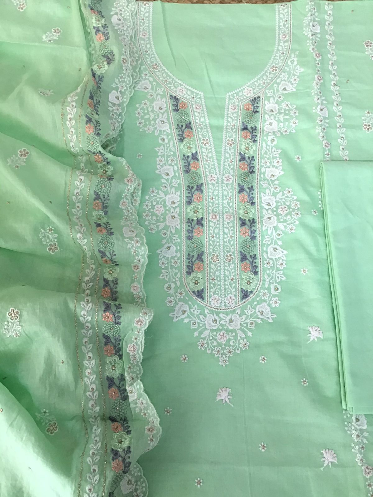 Pure Mul Cotton Embroidered Suit - Green