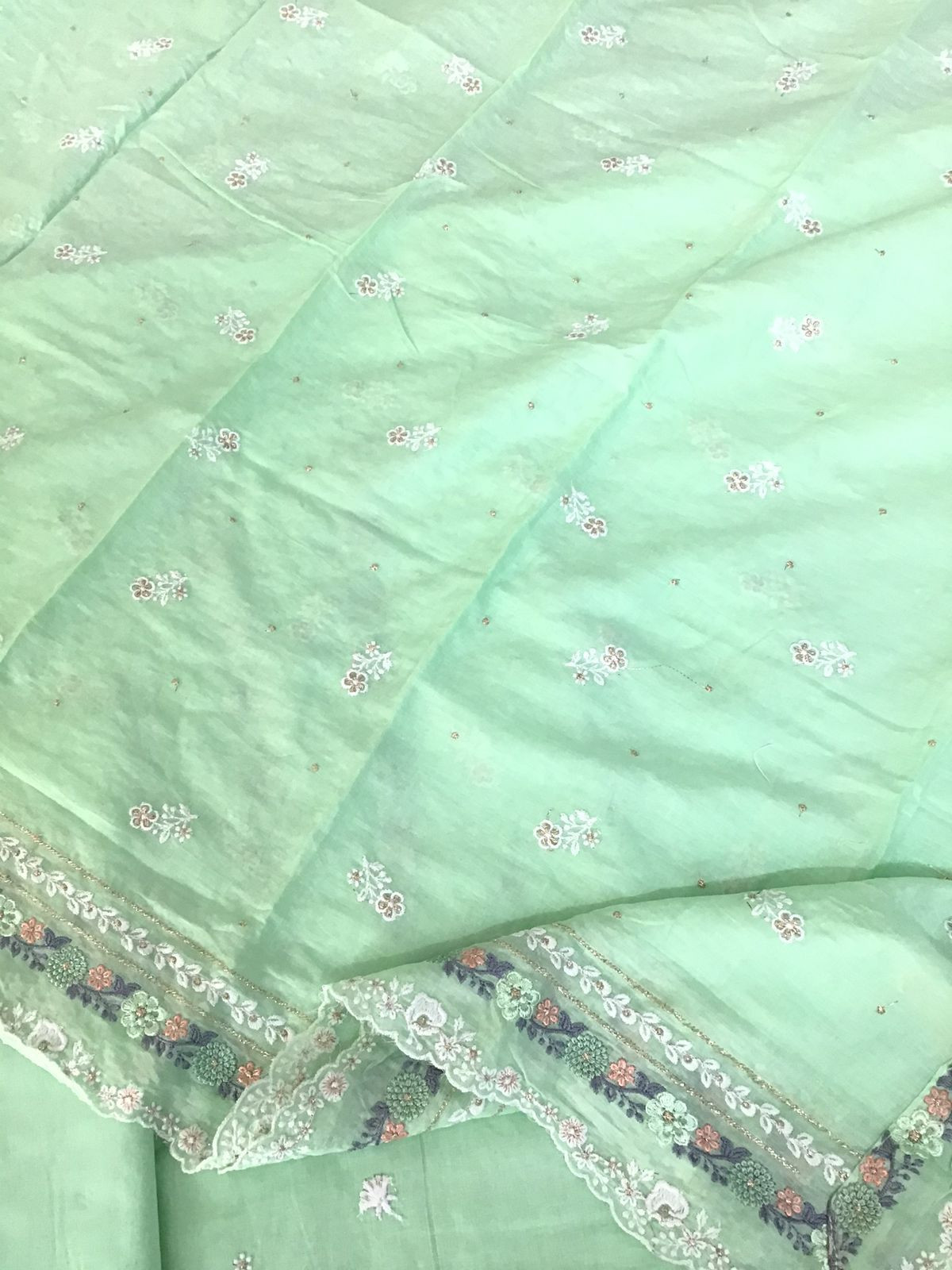 Pure Mul Cotton Embroidered Suit - Green