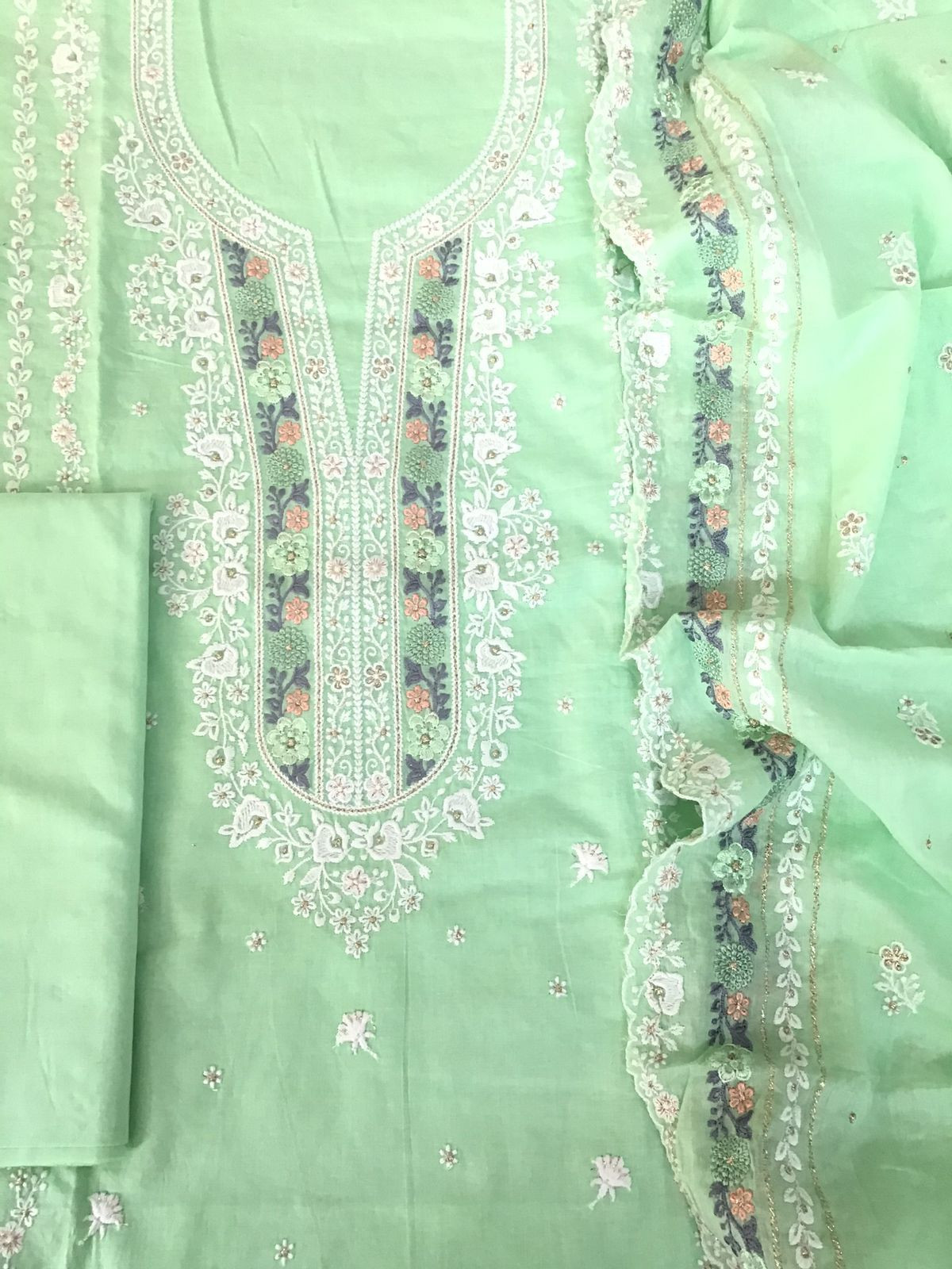 Pure Mul Cotton Embroidered Suit - Green