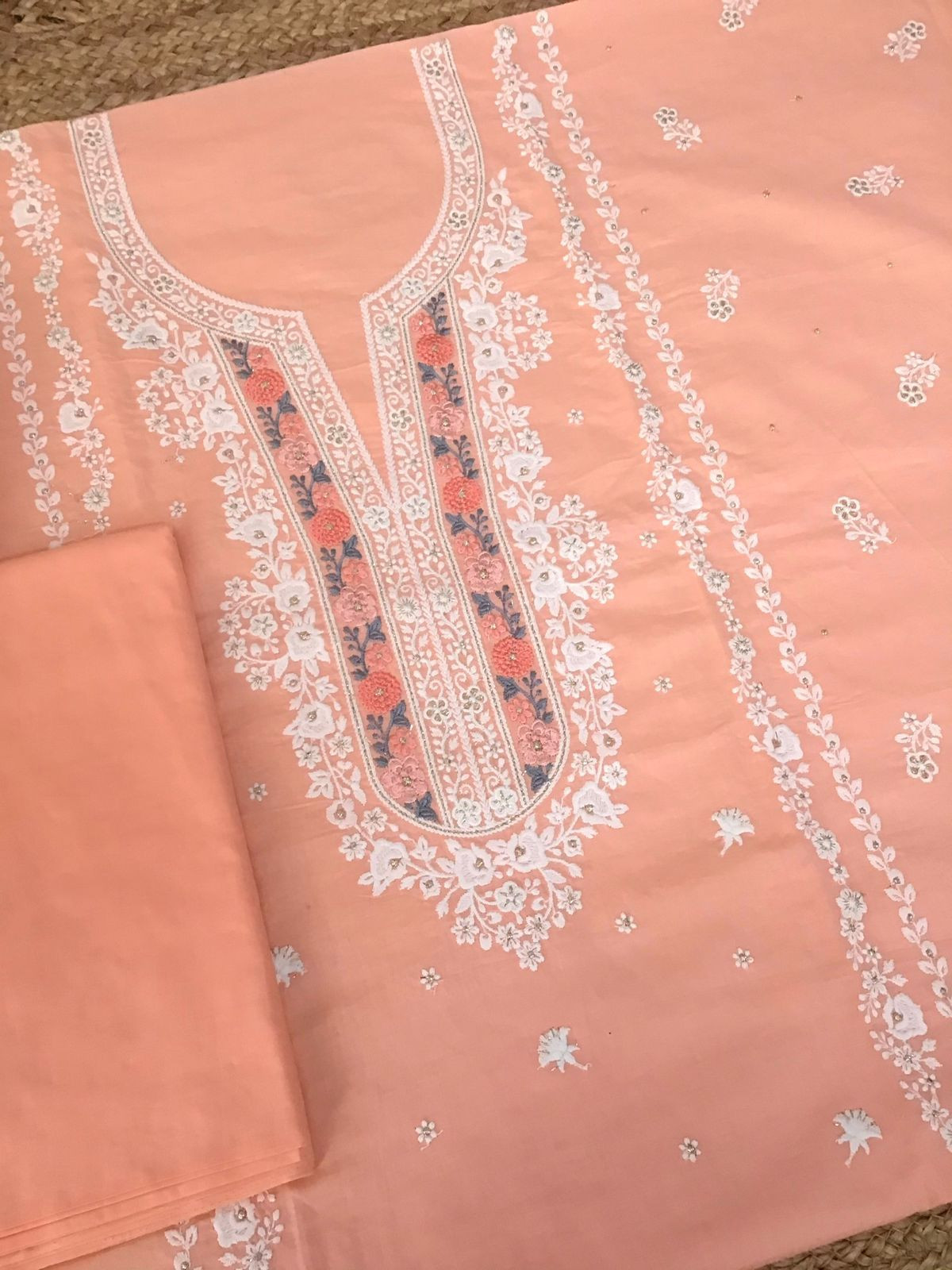Pure Mul Cotton Embroidered Suit - Peach