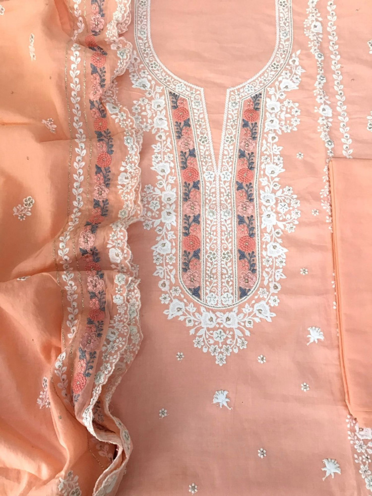 Image of Pure Mul Cotton Embroidered Suit - Peach