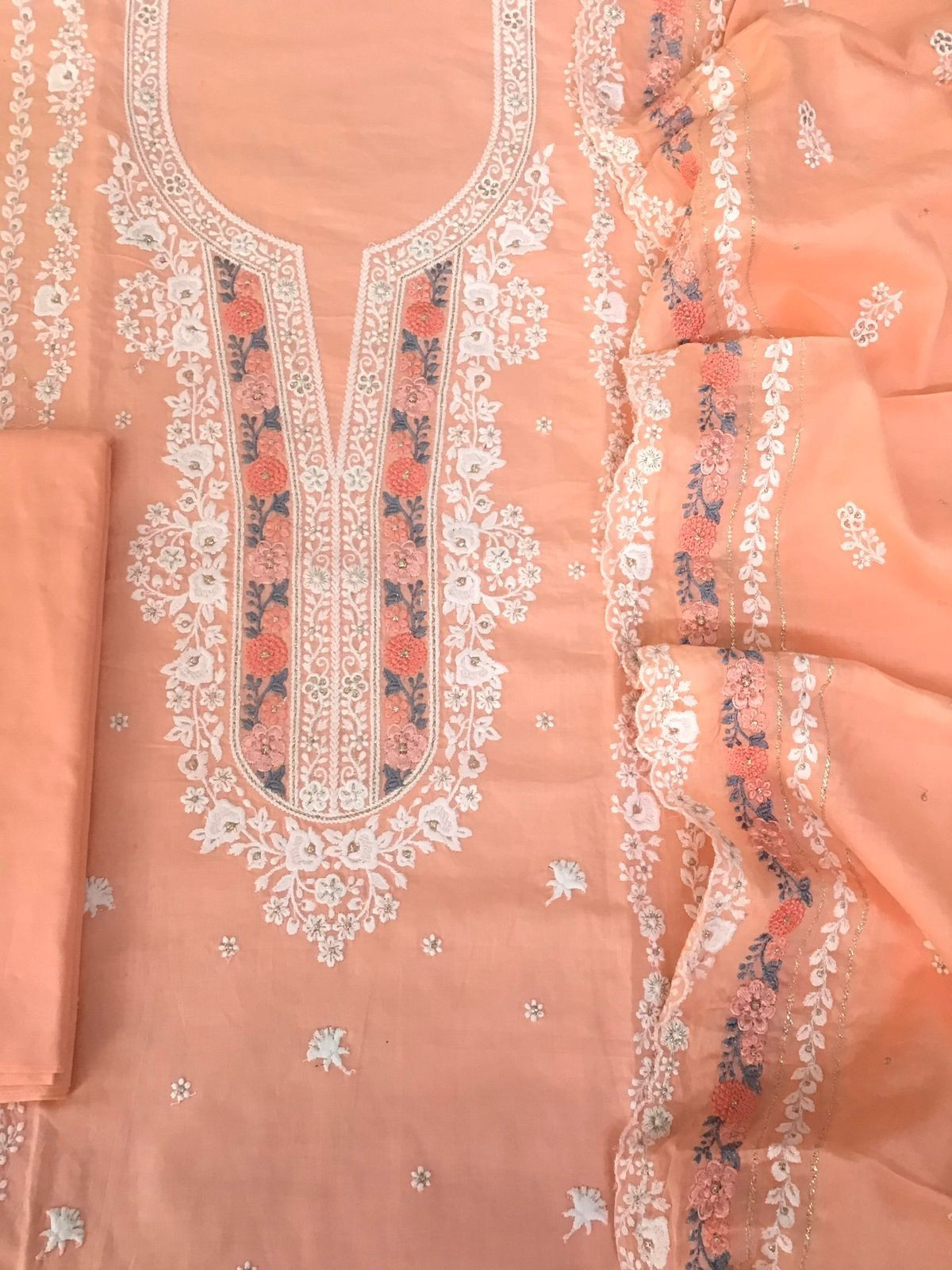 Pure Mul Cotton Embroidered Suit - Peach