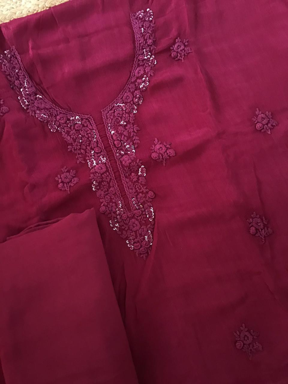 Pure Chinnon Silk Embroidered Suit - Maroon