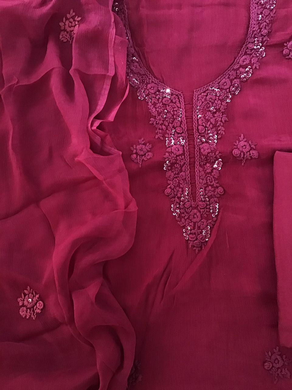 Pure Chinnon Silk Embroidered Suit - Maroon